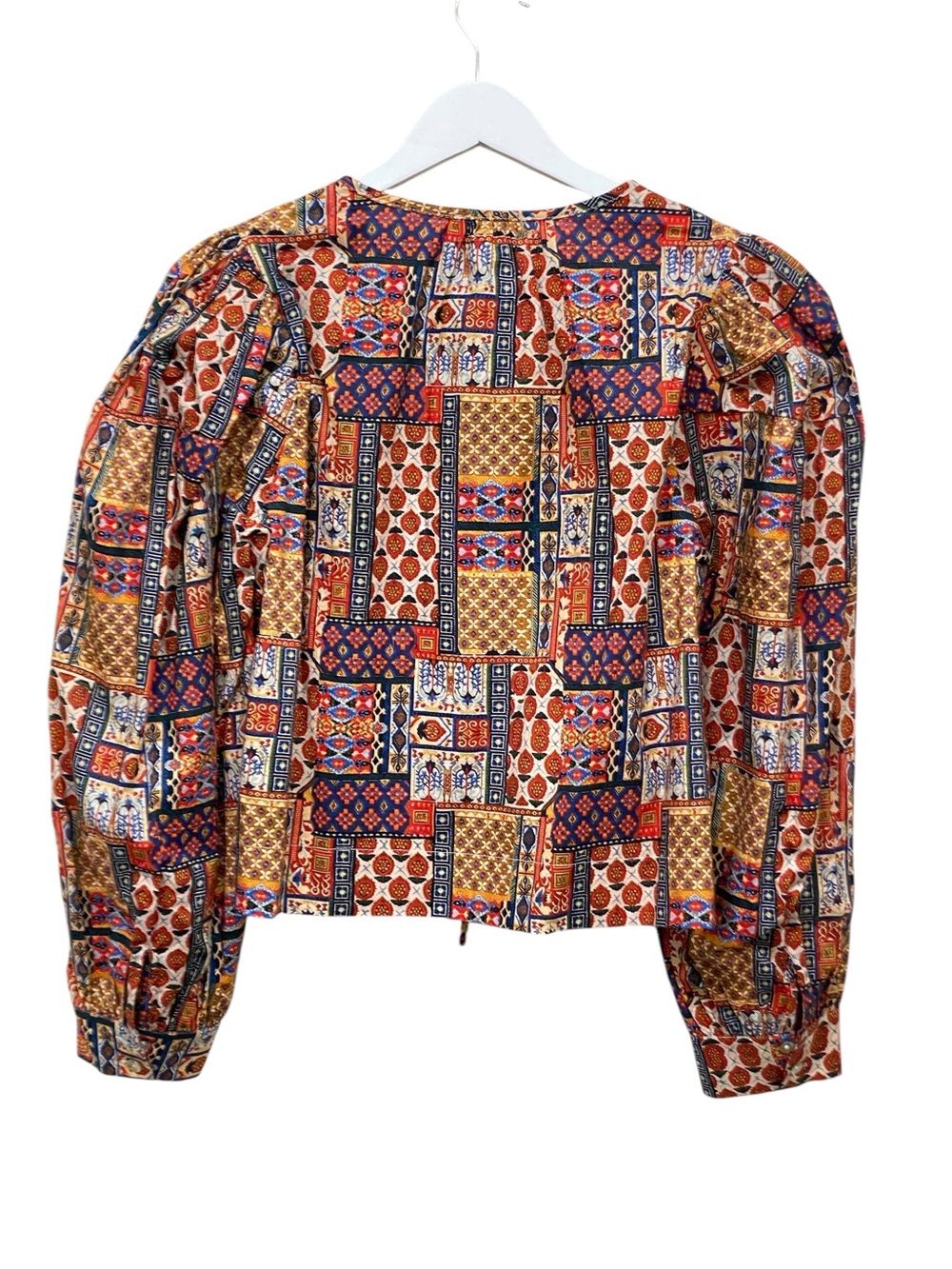 Pinch Patchwork Puff-Sleeve Tunic Top in Navy, Mustard & Rust